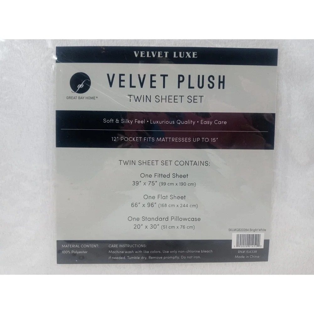 Twin Sheet Set White Velvet Plush Extra Soft Velvet Luxe Sheets Great Bay‎ Home